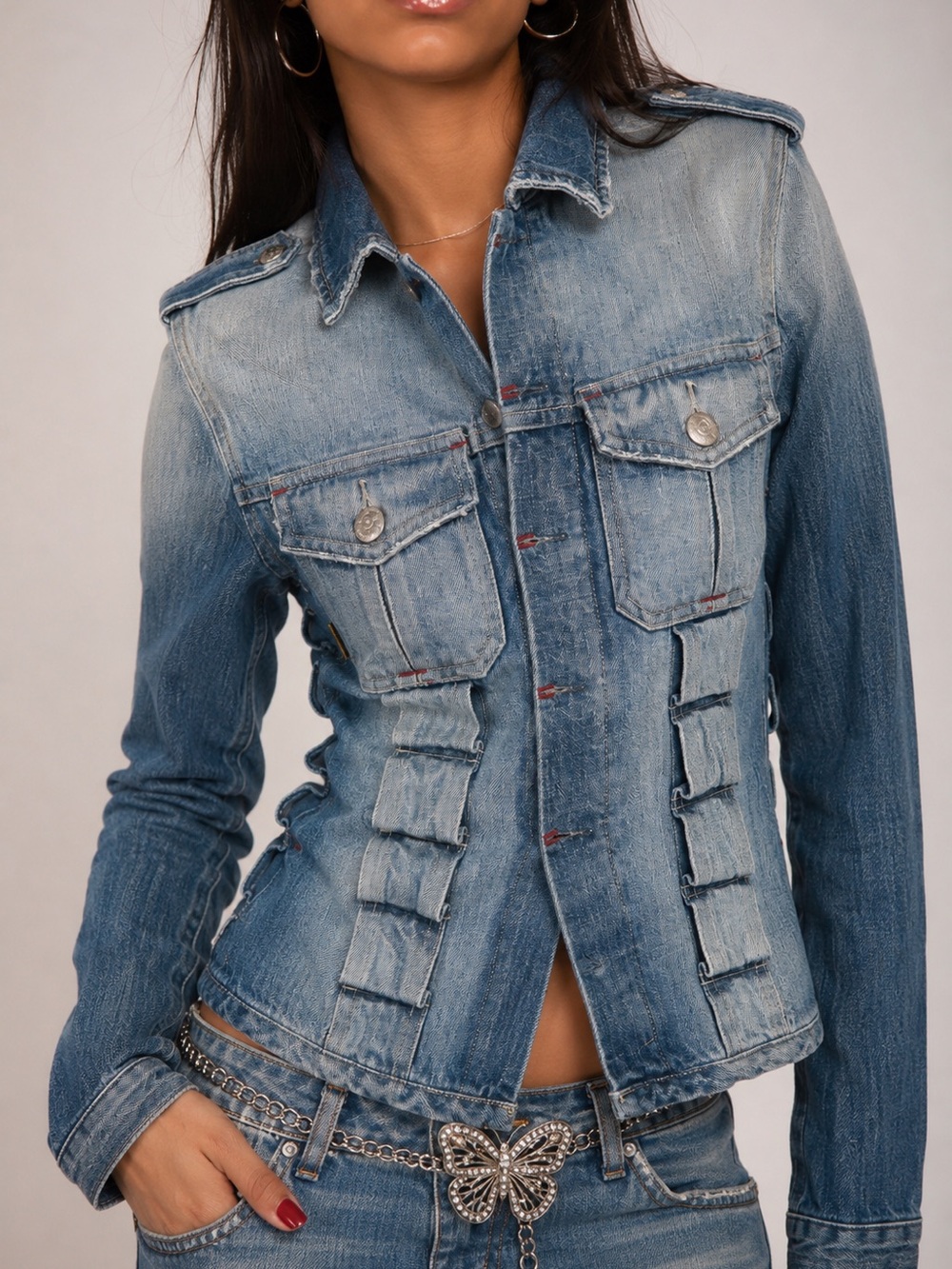 Vintage Dollhouse Fitted Light & Medium Wash Blue Jean Trucker Jacket